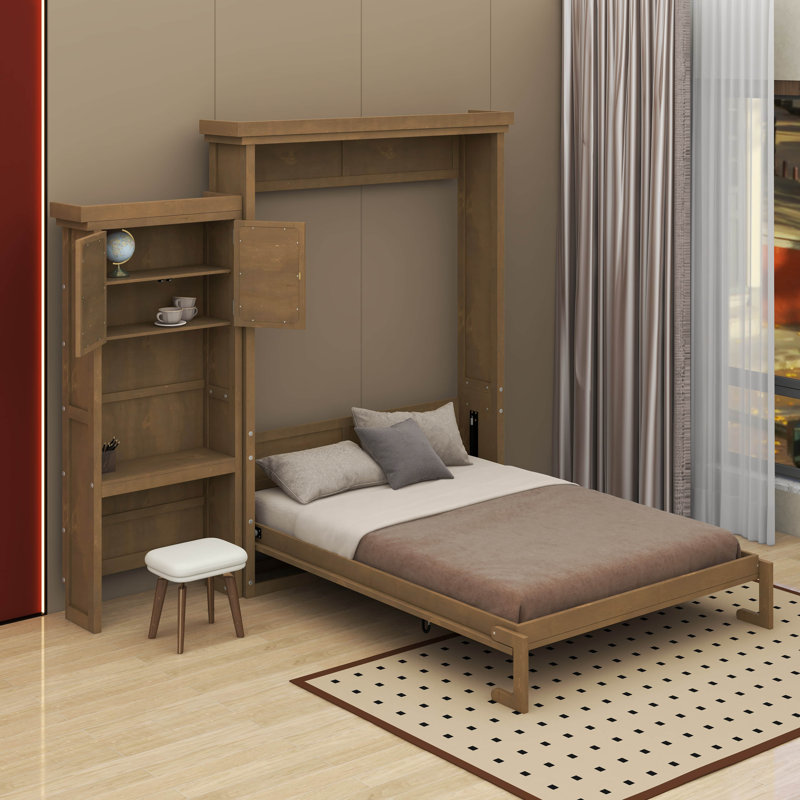Queen Size Murphy Bed With Multiple Storage Shelves, Wood Color