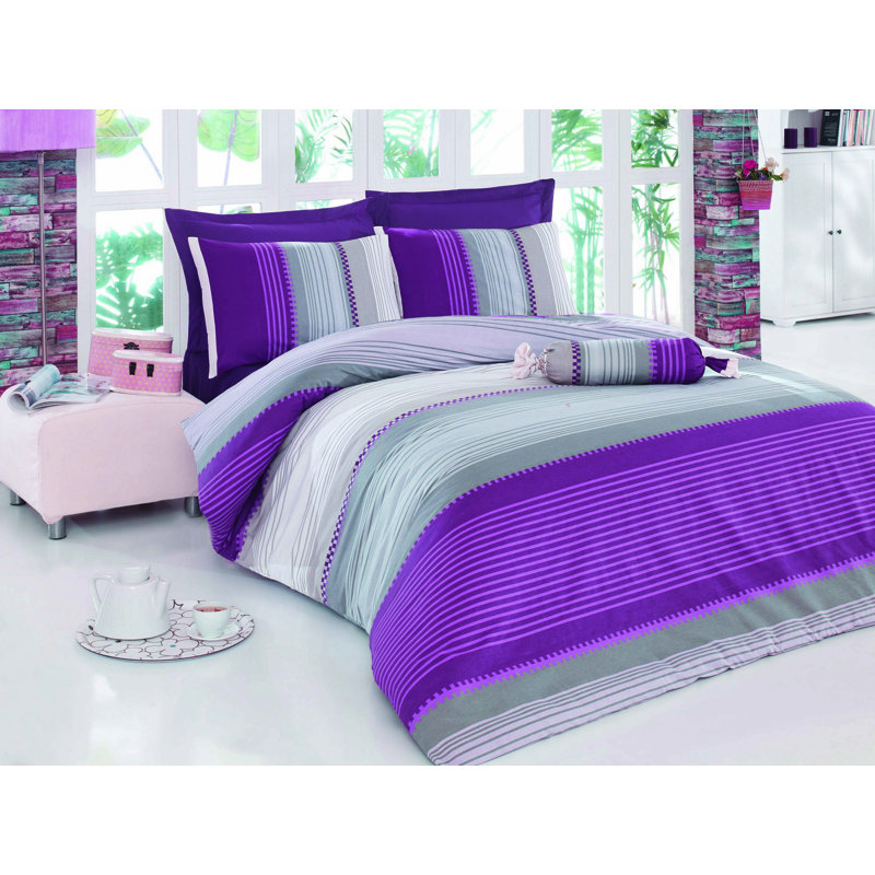 Mori Striped Duvet Cover Set with Pillowcases Included, Purple/Grey/White, Single - 2 Pillowcases (80 x 80 cm)