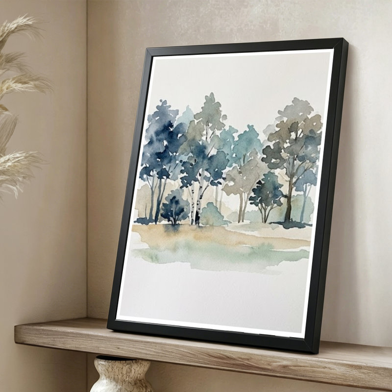 Scène de forêt moderne et abstraite: arbres dans des tons bleus et verts, style aquarelle. Toile encadrée 24 "x 36" avec cadre en bois noir
