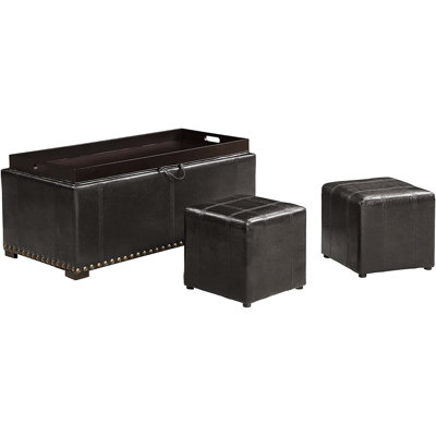 Black Leather Storage Bench With 2 Side Ottomans, Can Convert To Table, Suitable For Living Room, Nail Heads Appearance, 16" H X 39.68" W 40" D Bench, 13" 13.5" Ottomans Convertible Design,