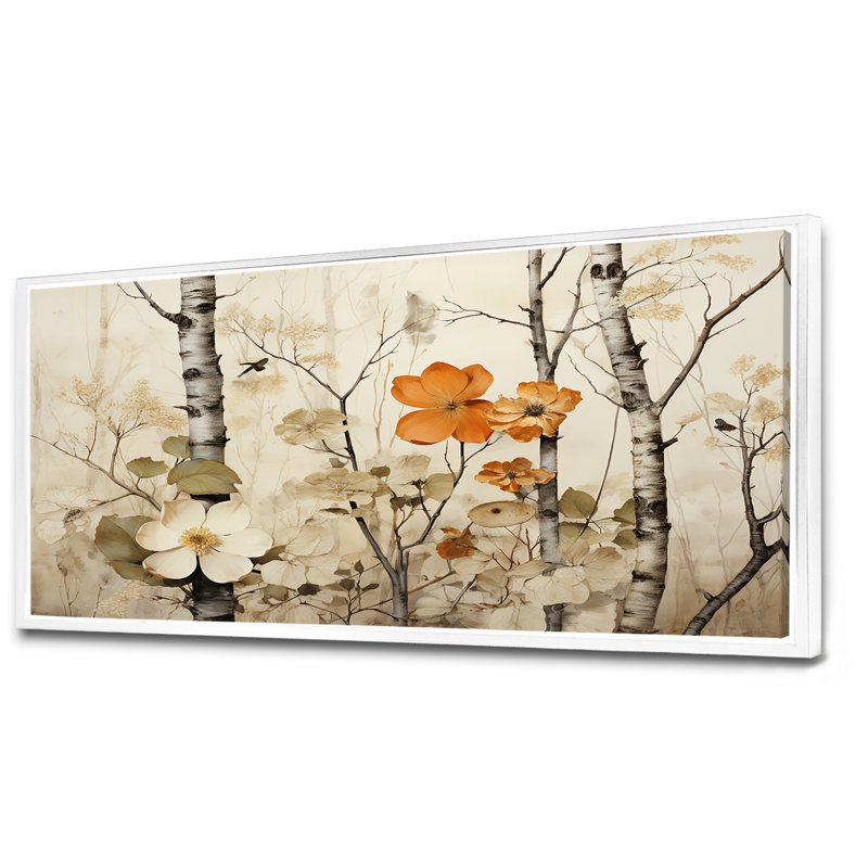 Floral, beige et brun, bouleau, forêt, forêt - arbre, art mural, Cadre flottant blanc, H 28 po x l 60 po x P 1,5 po