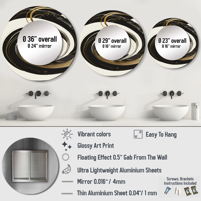 Raidi Black, Silver And Gold Blending Swirls II - Abstract Spirals Mirror, Black Round Decorative Wall Mirror, Printed Metal Art