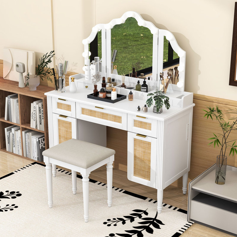 Makeup Vanity Desk with Hollywood Bulbs, 5 Drawers, Shelves and Charging Station