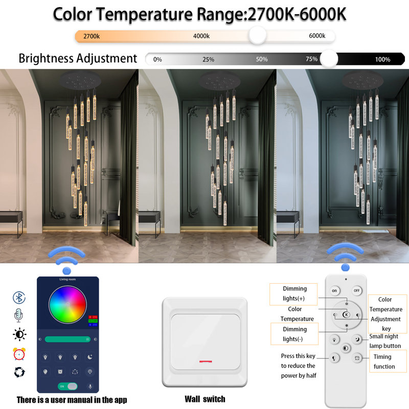 Grand lustre à intensité variable de 12 pi avec 28 lumières Addiley, H 132 po x l 24 po x P 24 po, Noir