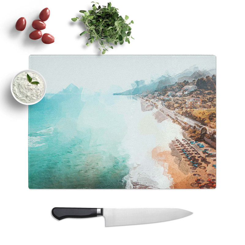 Tempered Glass Beach and Seascape in Greece Chopping Board, 28.5 cm W x 20 cm L