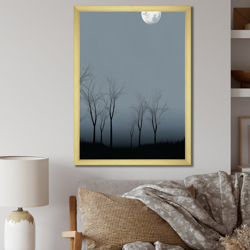 Pleine lune mimimalisme avec arbres éloignés - impression, H 20 po x l 12 po x P 1 po, Cadre doré à une seule photo