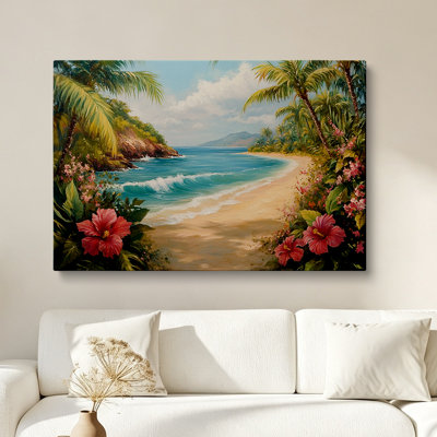 Tableau d'hibiscus et de palmiers sur une plage tropicale, impression giclée 30 x 20 cm - Décoration de salon