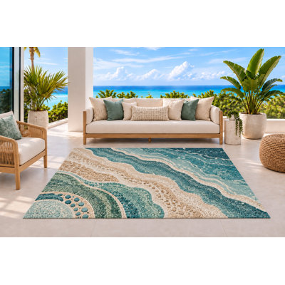 Tapis extérieur de 5 pi x 7 pi, piscines Aqua Shore avec galets et formes de sable naturel, tapis de boucle en PVC imperméable, tapis de patio robuste à séchage rapide, pour porche, terrasse, balcon, entrée
