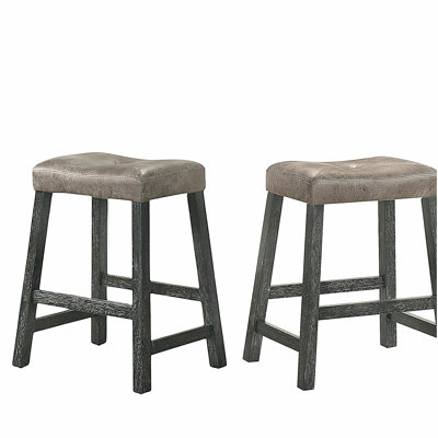 25 Inch Wooden Farmhouse Barstool with Leather Seat, Backless Counter Stool (Gray, Set of 2)