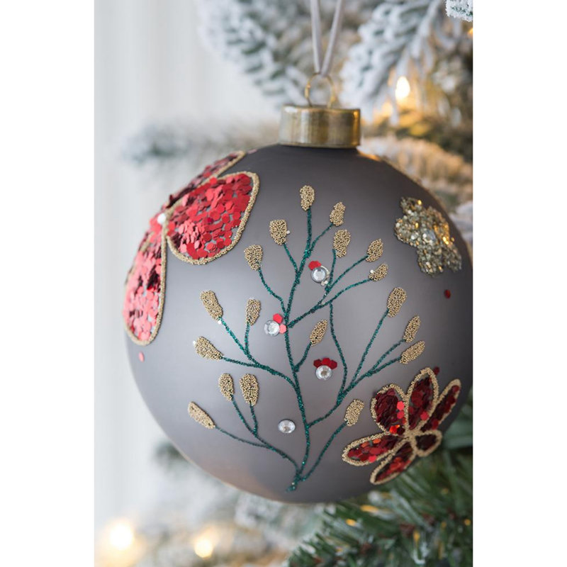 Elegant Gray and Red Glass Christmas Ball Ornaments, Set of 6