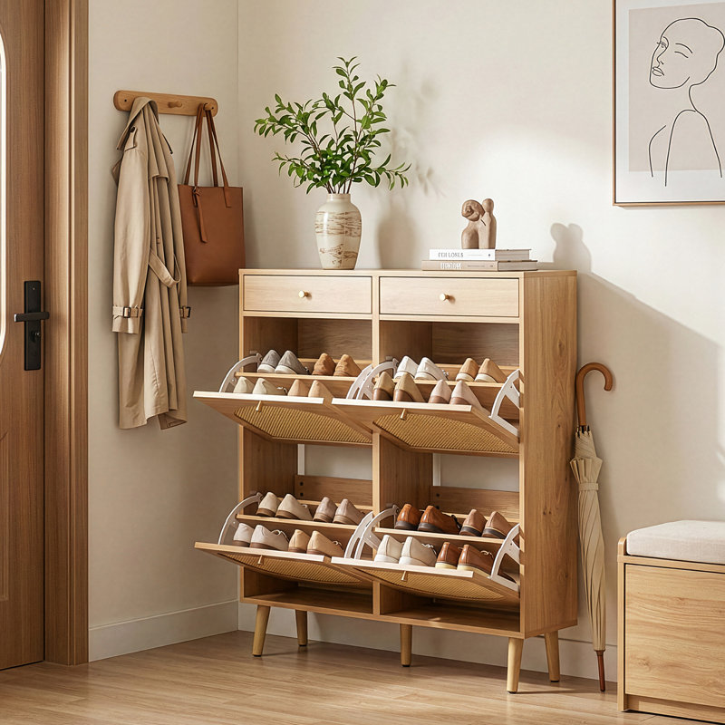 Rattan Panel 2 Drawers 4 Flip-Drawer Shoe Cabinet Particleboard 41.34" W, Natural Wood
