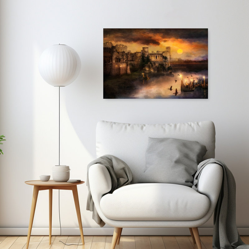 Château brumeux au coucher du soleil : une œuvre d'art murale abstraite et onirique représentant un oiseau et une architecture au coucher du soleil.