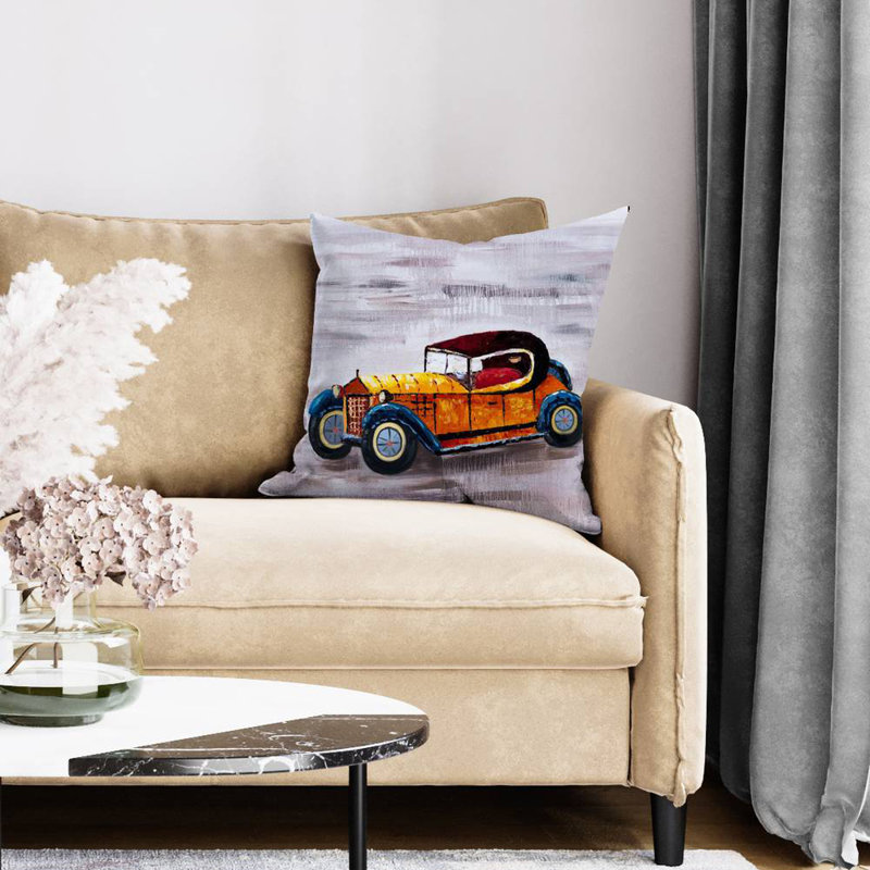 Yellow toy car - 20"x20" Throw pillow - Poly twill - Print on demand, Purple/Blue/Orange