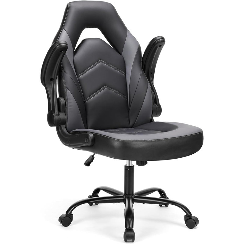 Computer Gaming Desk Chair - Ergonomic PU Leather With Comfy Lumbar Support, Height Adjustable Rolling Desk With Flip-Up Armrests, For Home And Office