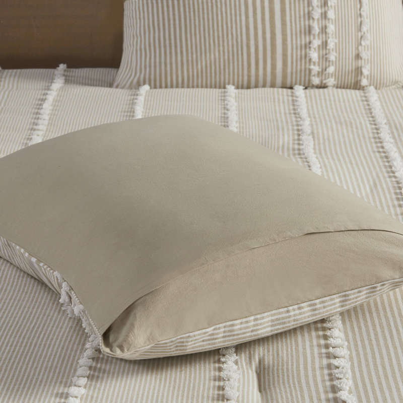 Ensemble d'édredon en fil de coton 3 pièces Anslee, Édredon pour très grand lit + 2 taies décorativ, Beige
