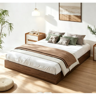 Wood Platform Bed w/ Sturdy Wooden Slats, Floor-Standing Bed Frame, Modern Minimalist Design Space-Saving Bed Frame, No Box Spring Needed