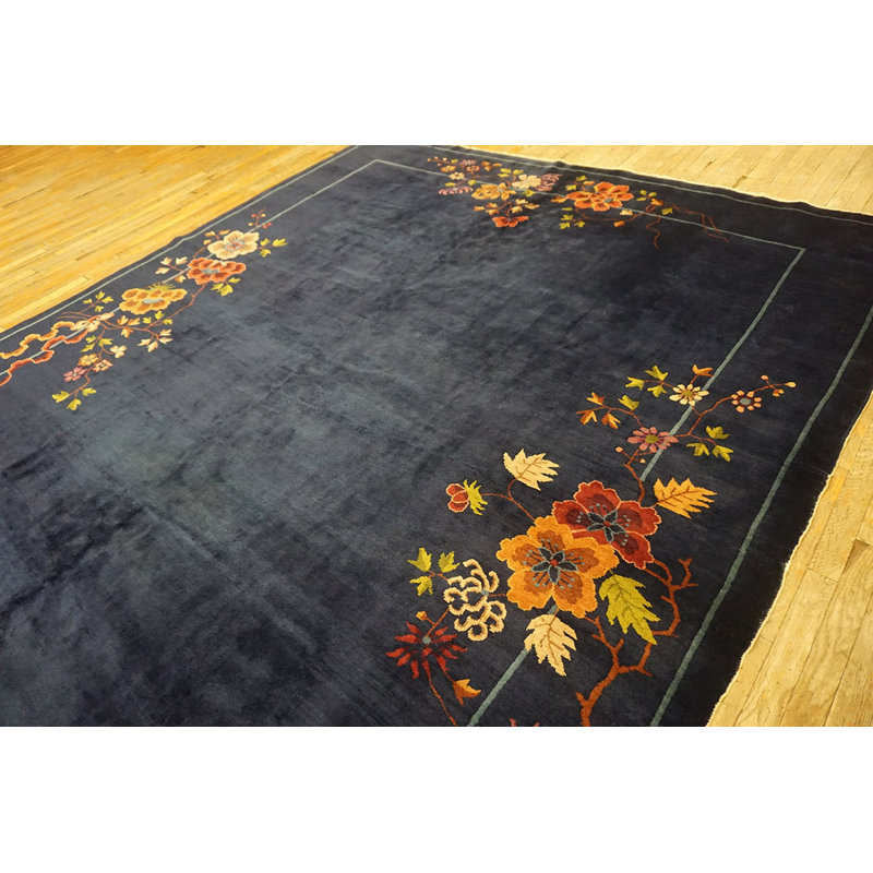 Navy Blue Color Field Antique Floral Pattern Chinese Deco Rug