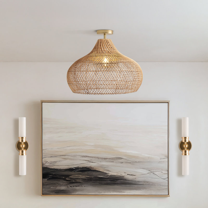 Kloe Rattan Flush Mount – Rattan & Natural Dome 1-Light Semi Flush Mount Handwoven Adjustable Ceiling Light for Dining Room or Hallway in Modern, Boho, and Transitional Style