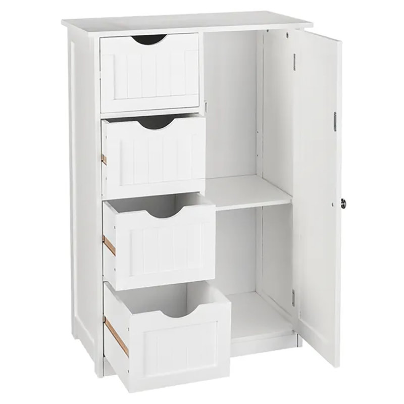 Meuble de rangement en bois blanc à 4 tiroirs, meuble de salle de bain autoportant avec porte, solution gain de place pour salle de bain, salon ou entrée.