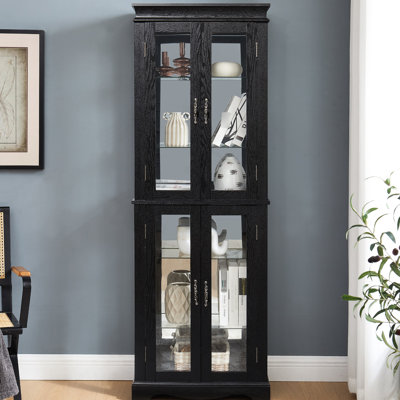 Glass Curio, Built - In Lighting, Six Tier Structure, Customizable Partition, Square Top, Wine, Treasures Black Lighted Wood Framed Storage, Hinge, Design, Display,