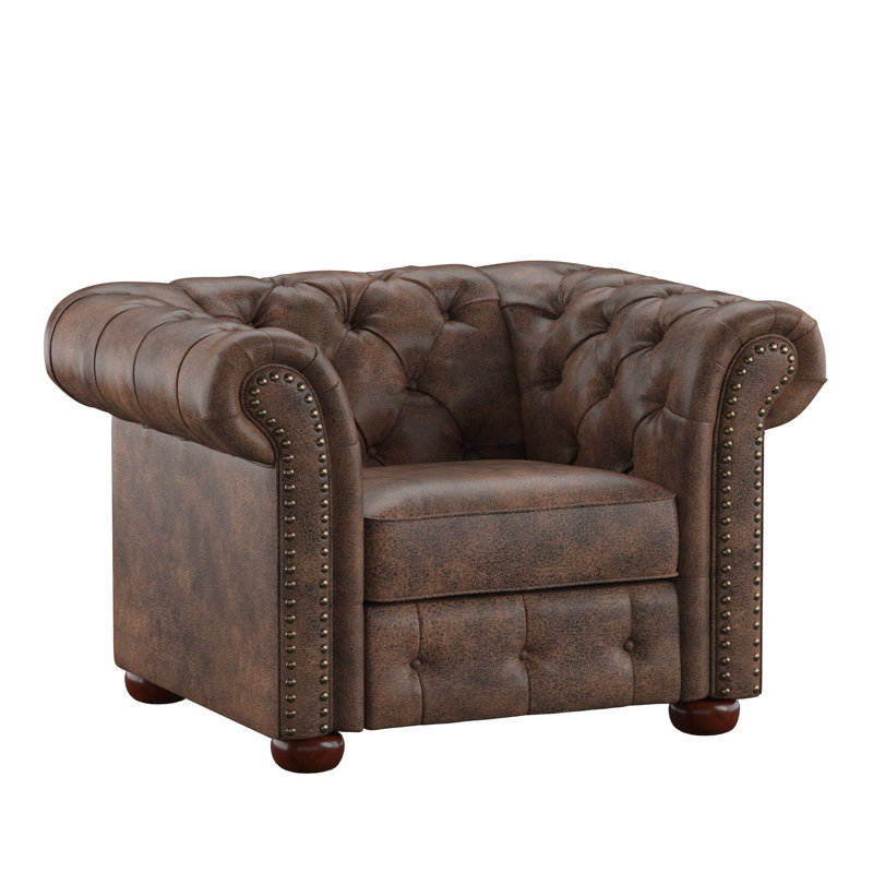 Fauteuil Chesterfield Huskins, Microfibre polie brune