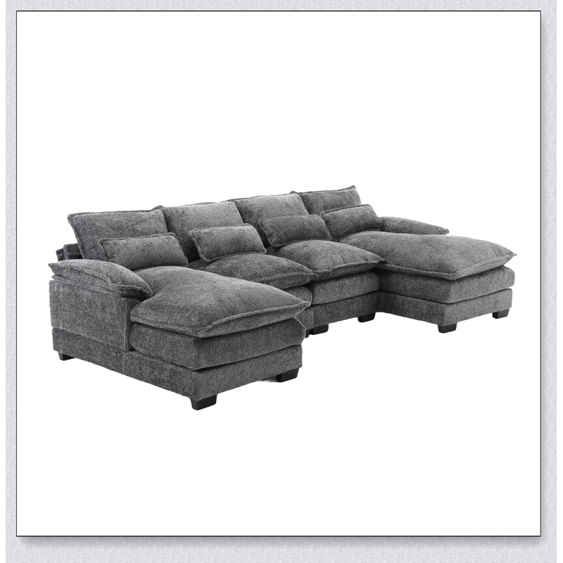 Large Chenille Fabric U-Shape Sectional Sofa, Gray Fabric