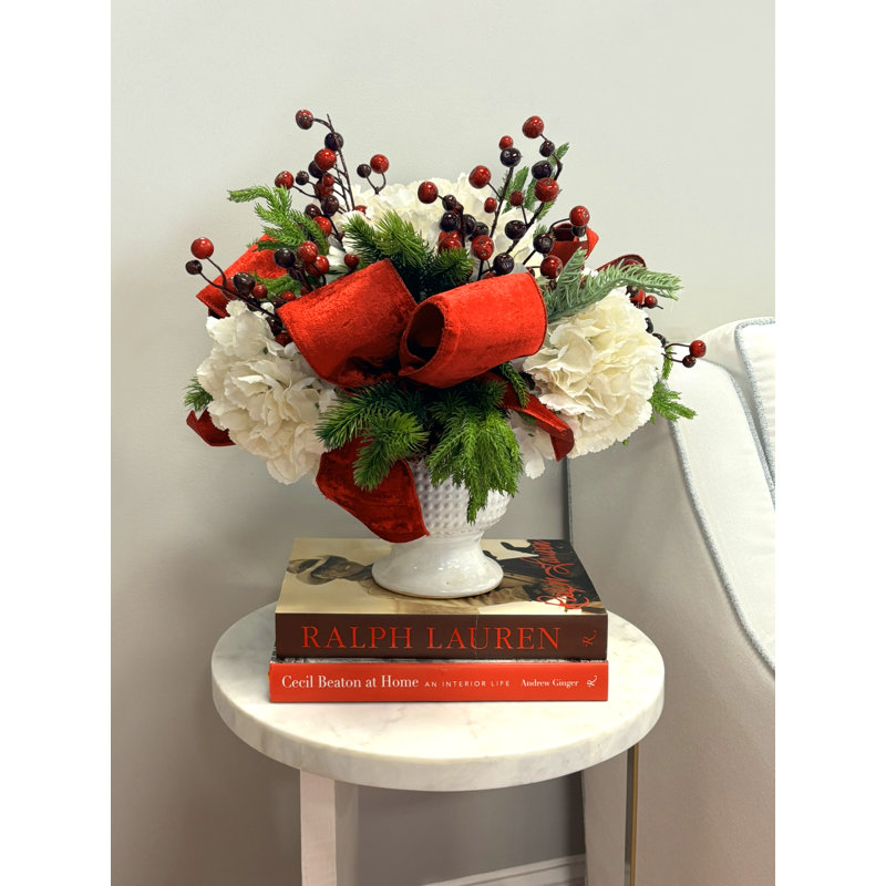 Hydrangea And Evergreen Holiday Arrangement