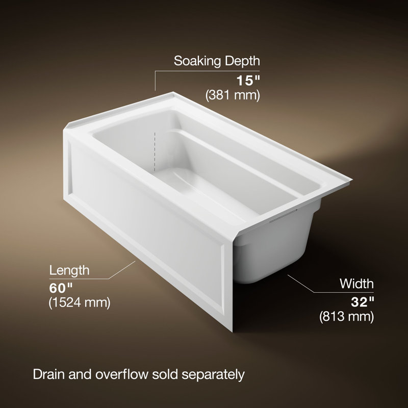 Archer 60" x 32" Alcove/Tile Soaking Bathtub, White, Right