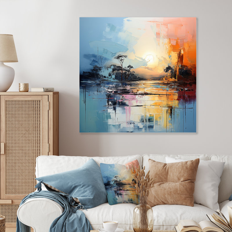 «Yellow and Blue Lake Landscapeexpressions», reproduction d'art murale abstraite en métal, H 29 po x l 29 po