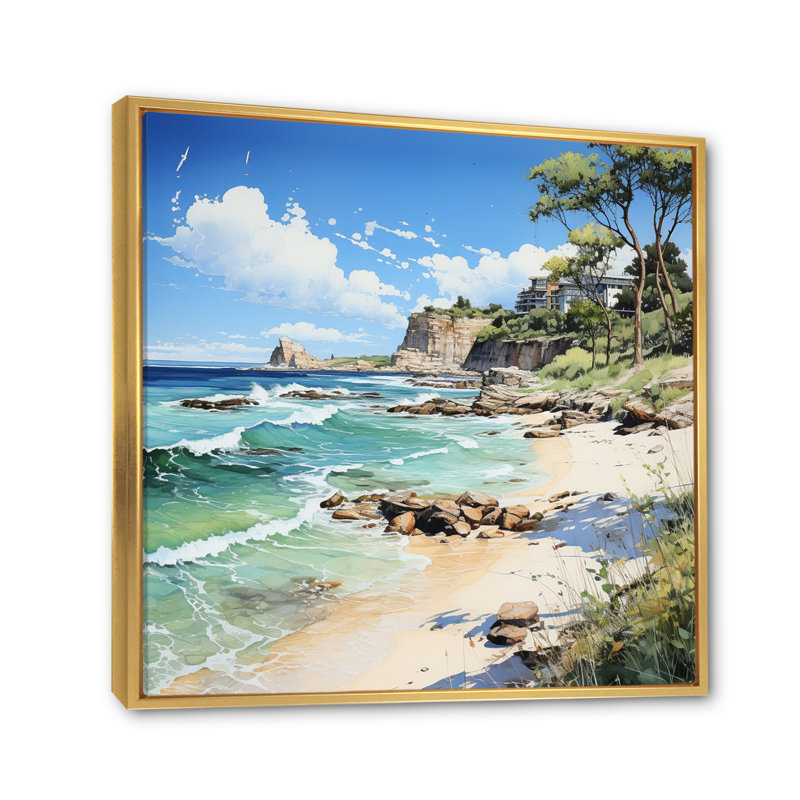 Plage contrastante pointillisme I, H 24 po x l 24 po x P 1 po, Cadre flottant doré