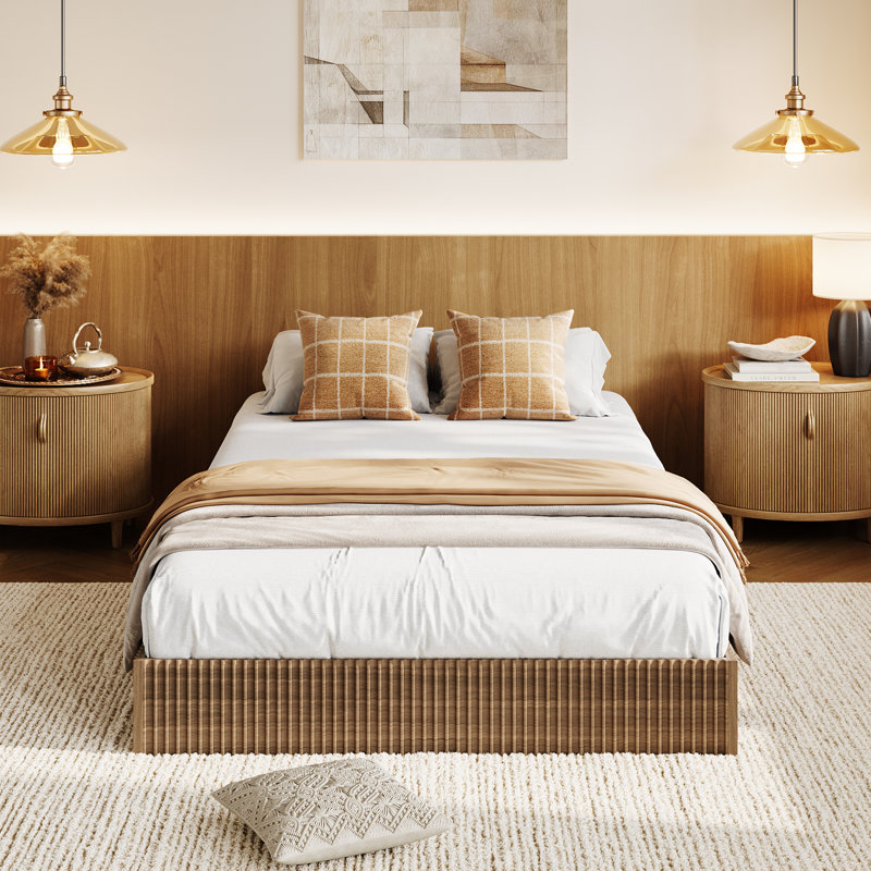 Base de lit, base de lit plateforme en bois, base de lit à profil bas avec conception cannelée, support de lattes en bois
