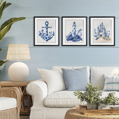 Ensemble de 3 reproductions encadrées sous-verre ornées de motifs nautiques