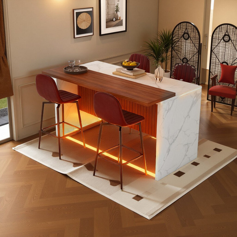Ensemble d'îlot de cuisine 63 pouces avec 4 tabourets de bar - surface d'aspect marbre avec éclairage DEL, Table, 4 chaises