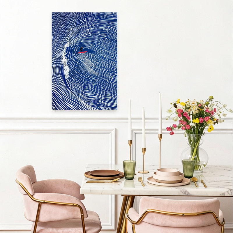 Surfer Rides Blue Wave Minimalist Ocean Wall Art Print by Pictufy Studio IV - Wrapped Canvas Print, 60.96cm H x 40.64cm W