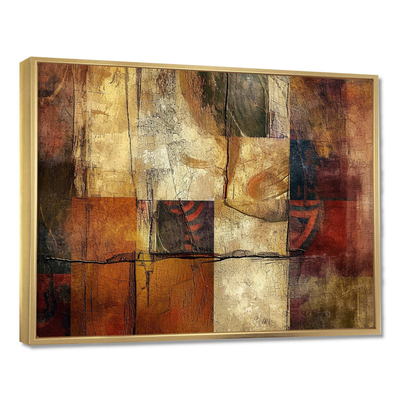 Art mural rétro rétro cubiste brun doré I - Collages abstraits, Cadre flottant doré, H 34 po x l 44 po