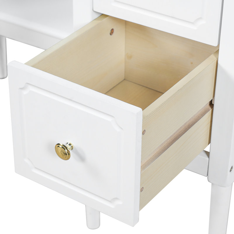 Triple Mirror White Dressing Vanity With 6 - Drawer Arrangement, Soft Cushioned Wood Leg Stool And Full Length For Bedroom Space Makeup Table Drawers, Seat Decor