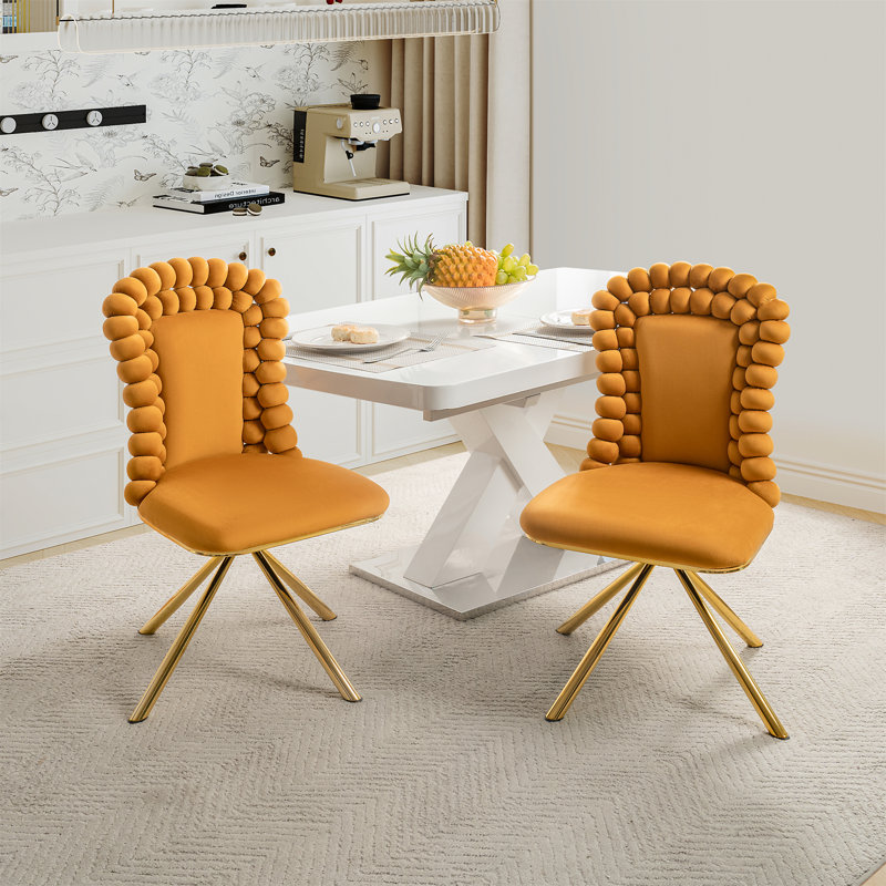 Ensemble de 2 chaises de salle à manger, chaises d'appoint en velours pour le salon, fauteuil de coiffeuse avec pieds en métal doré, chaises de salle à manger rembourrées, pivotant à 360 ° pour la chambre à coucher, le salon, la salle à manger et la cuisine (orange)