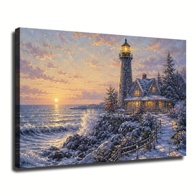 Art mural sur toile de Noël côtier phare avec chalet enneigé au coucher du soleil, Crashing Ocean Waves Christmas