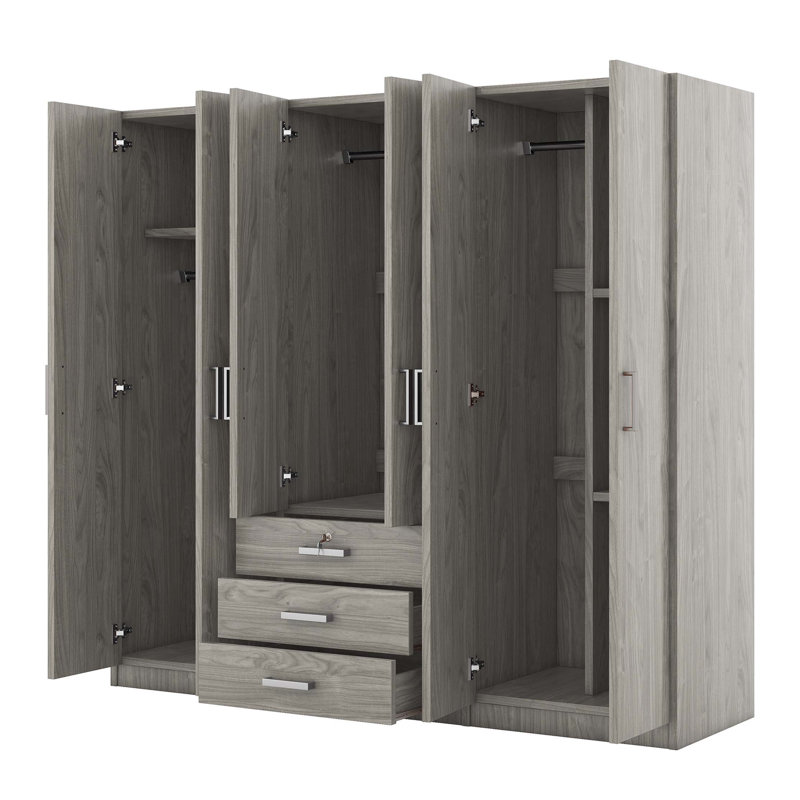 Rangement pour garde-robe en bois à 6 portes avec 6 grands tiroirs, Gris