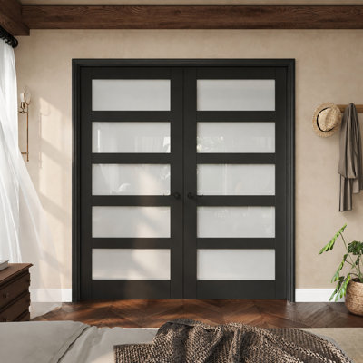 64" x 80" 5-Lite Black French Door, Frosted Glass French Door with Black Latches, Privacy Glass Door Slab With Black Frame, Sound-Dampening & Waterproof, Suit For Laundry, Bathroom, Kitchen, Closet Doors, Room Doors, Latch & Door Lever Included