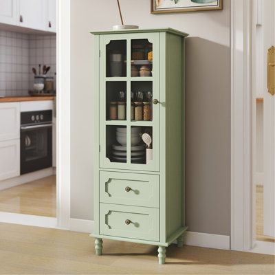Buffet minimaliste avec portes en verre et double tiroir, armoire de rangement moderne en bois pour le salon, le vestibule, l'entrée de la salle à manger (vert menthe)