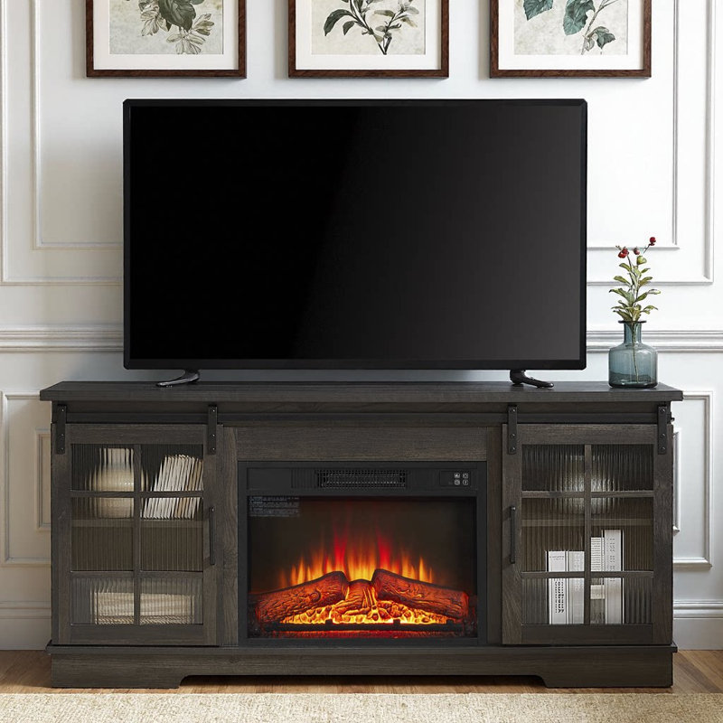 Multipurpose Sliding Door TV Stand Large Storage Cabinet With 2 Sliding Fluted Glass Doors, TV Up To 65'', TV Desk Storage Rack With 23" Fireplace TV Stand,59.13"W*15.94"D*27.8"H