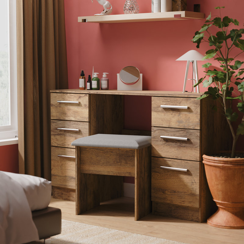 Bhaga 6 Drawer Kneehole Desk  (Ready Assembled), Vintage Oak