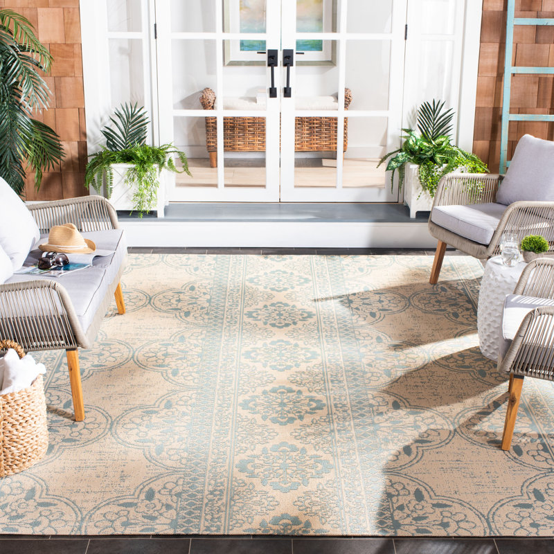 Danya Aqua/Cream Indoor/Outdoor Area Rug, Rectangle 5'3" x 7'6"