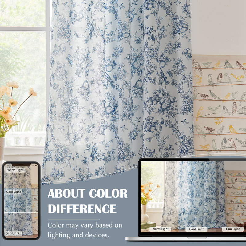 Linen Blend Farmhouse Floral Curtains Semi Sheer French Country Curtain Panels, 50" W x 63" L, Blue