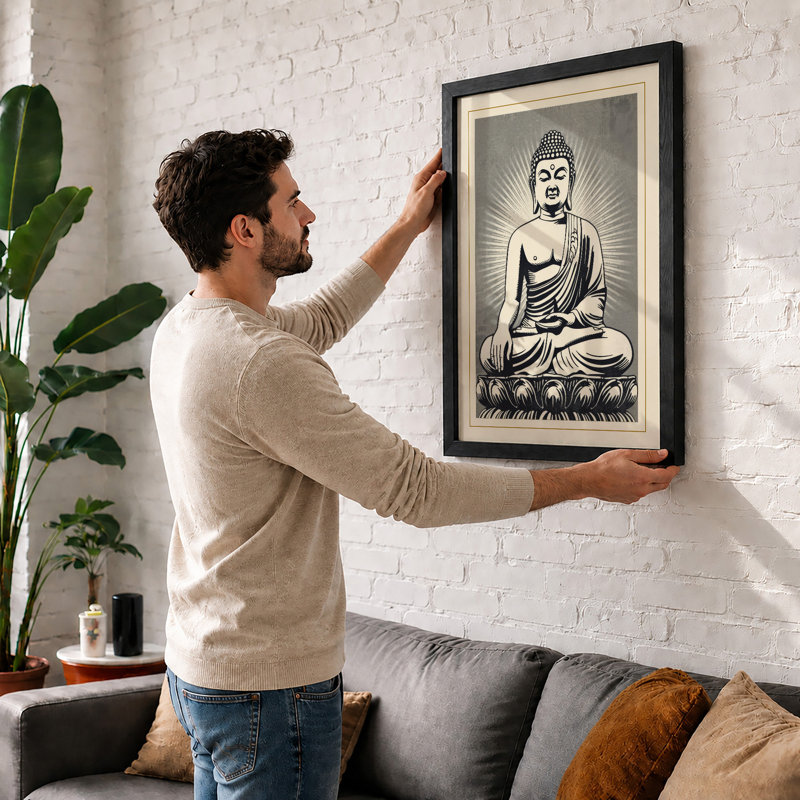 Meditative Buddha Japandi - Framed Print, A2 - 59.4 x 42.0 cm, Black
