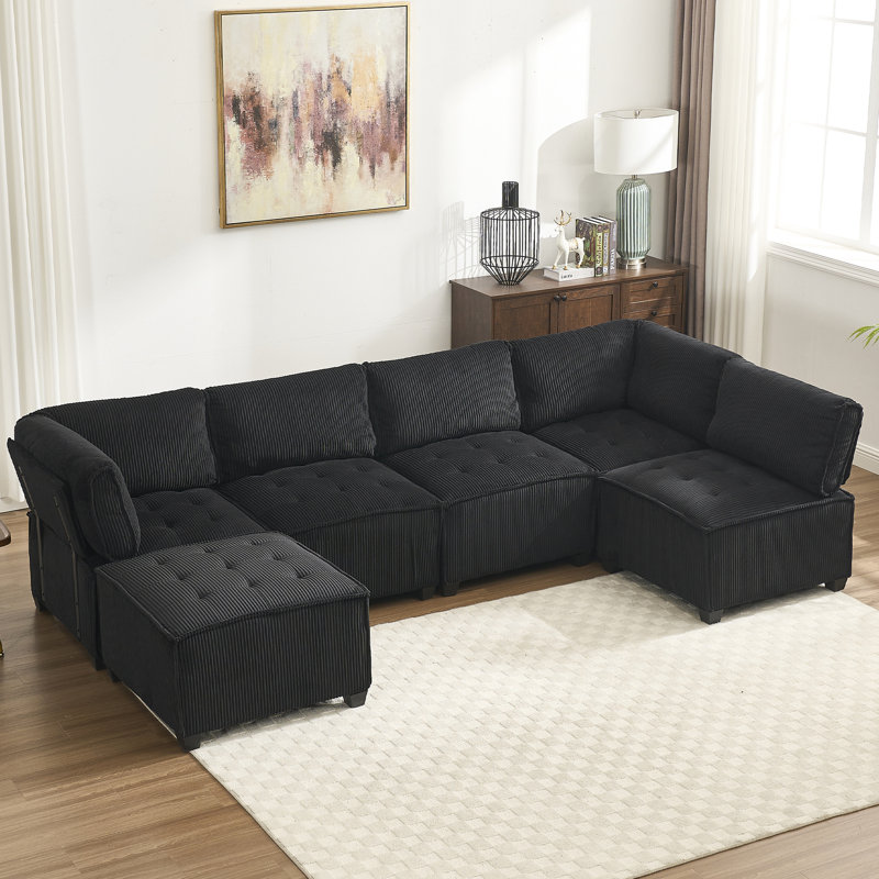 Ensemble de 6 canapés modulaires, méridienne réversible et sièges confortables pour 6 personnes, Noir