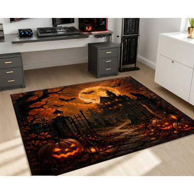 Tapis d'Halloween sur le thème d'Halloween, motif de citrouille de lune hantée Spooky, tapis antidérapant, décoration intérieure festive pour le salon, la chambre à coucher, l'entrée, la porte d'entrée, la cuisine, le balcon, appartement