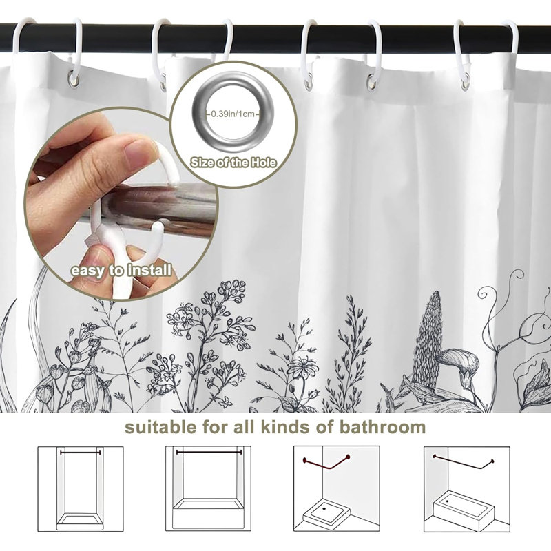 Pack of 1 Black and White Floral Minimalist Fabric Bath Curtain with Hooks, 152.4cm H x 182.88cm W