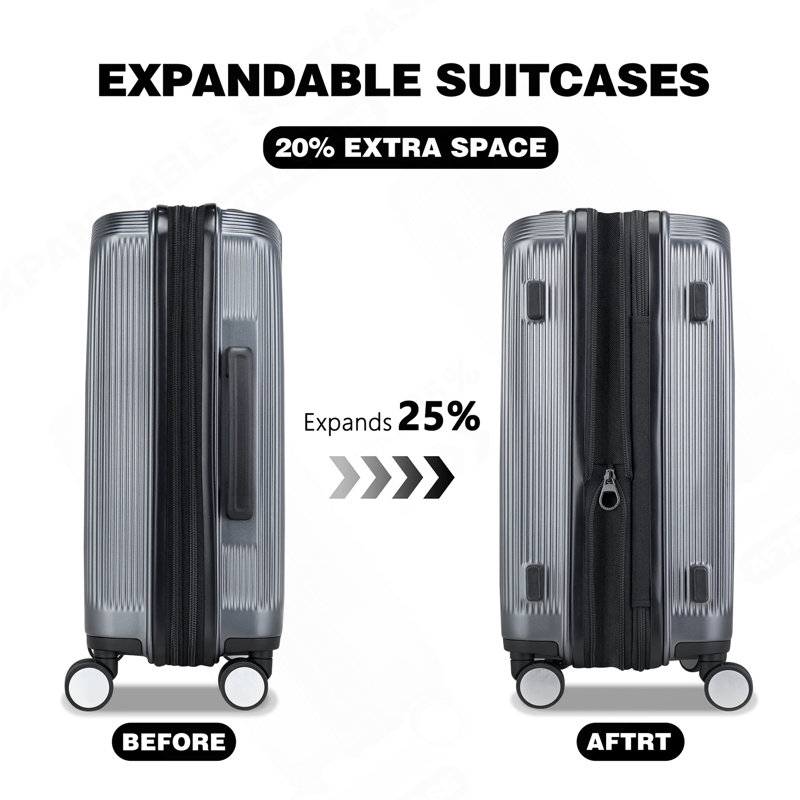 Valise de transport extensible légère de 20 pouces, valise rigide pour PC avec roulettes et verrou TSA, gris